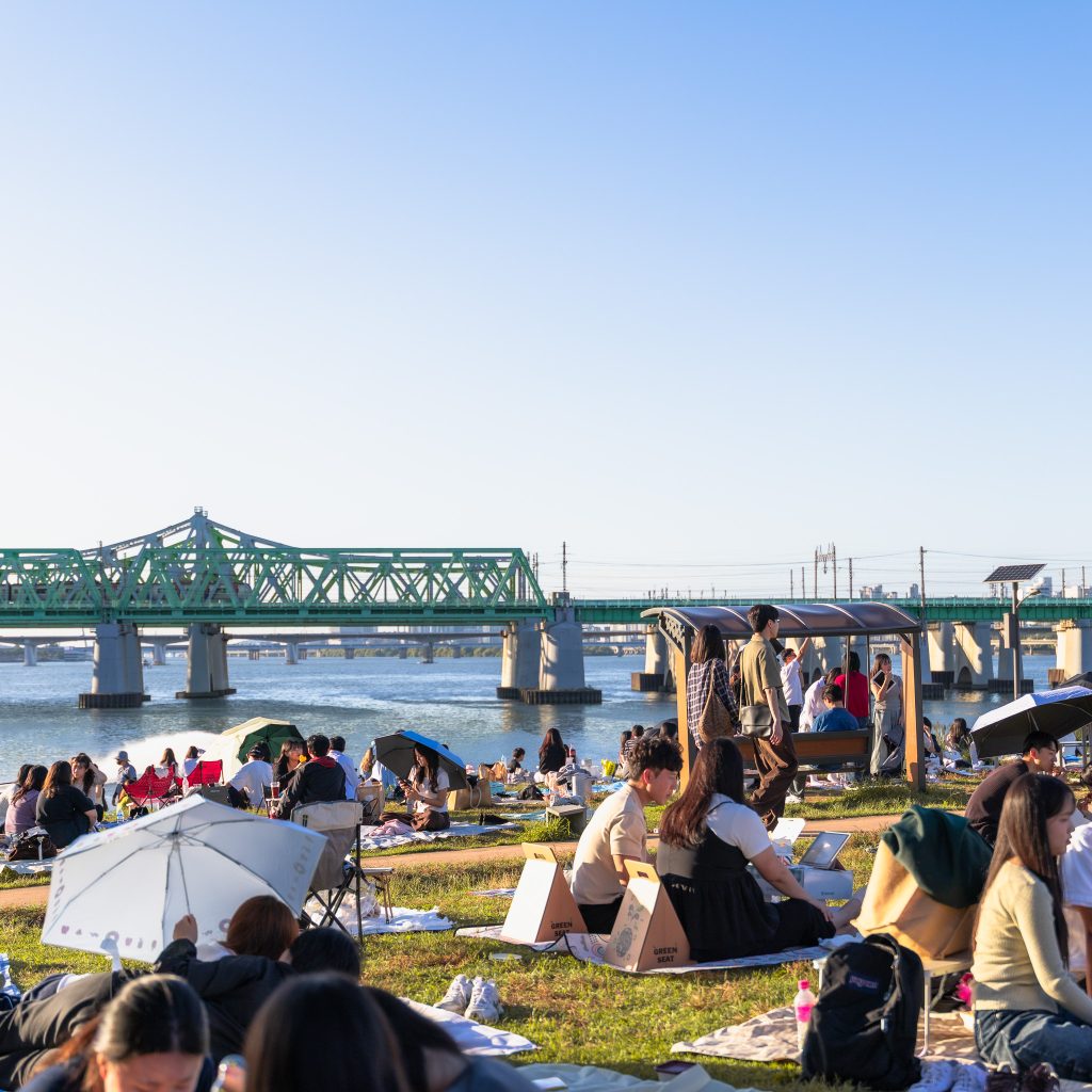 노들섬 잔디밭에서 피크닉을 즐기는 사람들